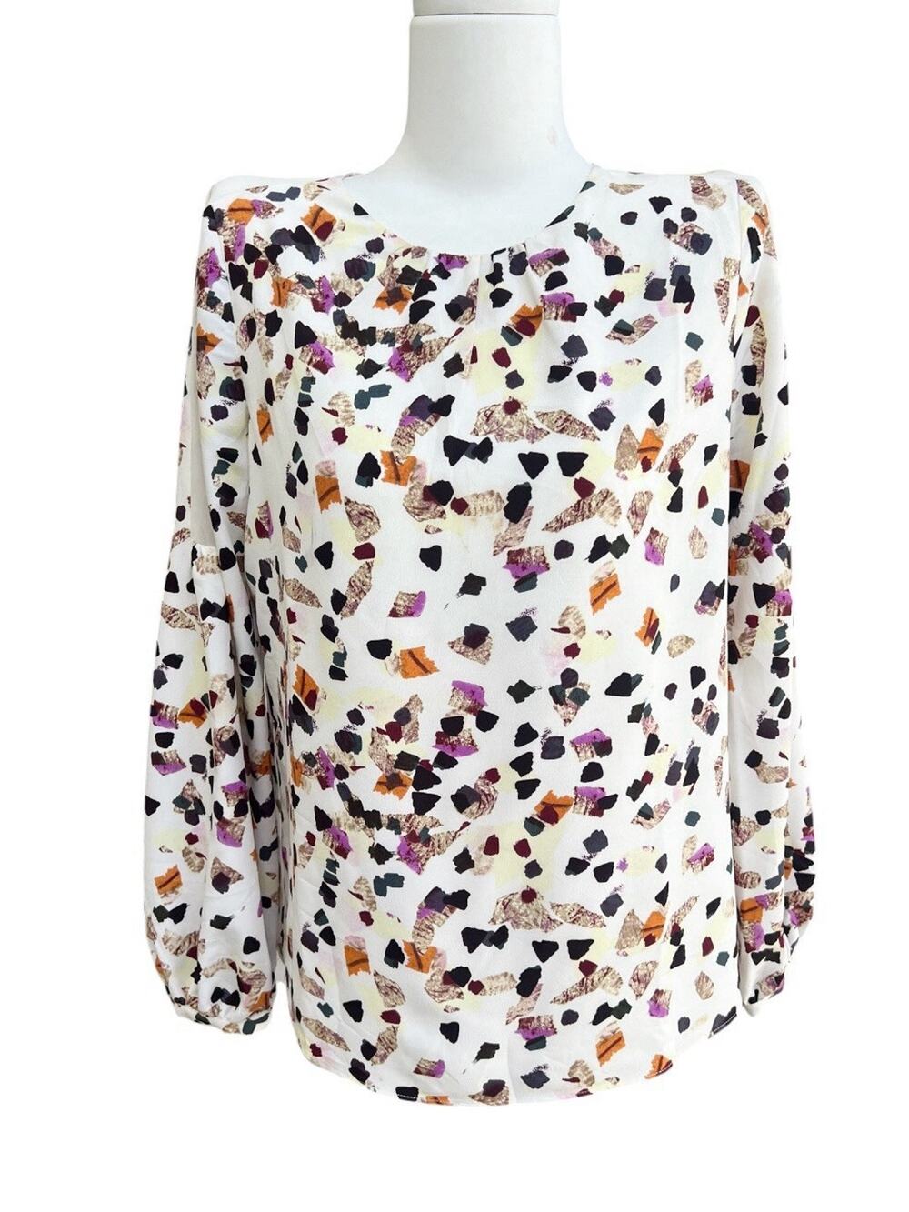 Cooper & Ella Blouse Women's Sz XS Long Sleeve Top Abstract Pleated Neck Keyhole